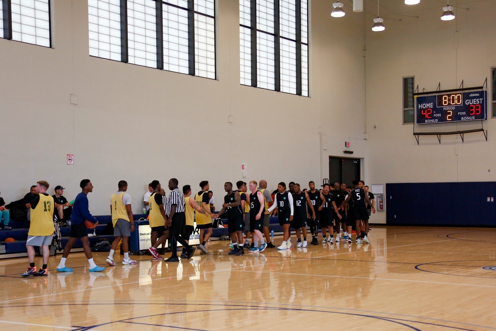 U.S. Navy Sailors from Abraham Lincoln, Fitzgerald participate in a basketball game during RIMPAC 2022