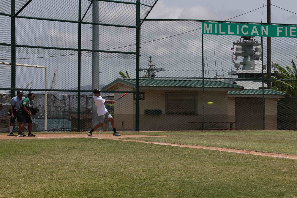 U.S. Navy Sailors from Abraham Lincoln, Essex compete in a softball game during RIMPAC 2022