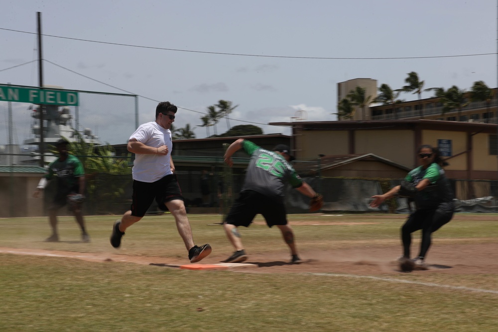 U.S. Navy Sailors from Abraham Lincoln, Essex compete in a softball game during RIMPAC 2022