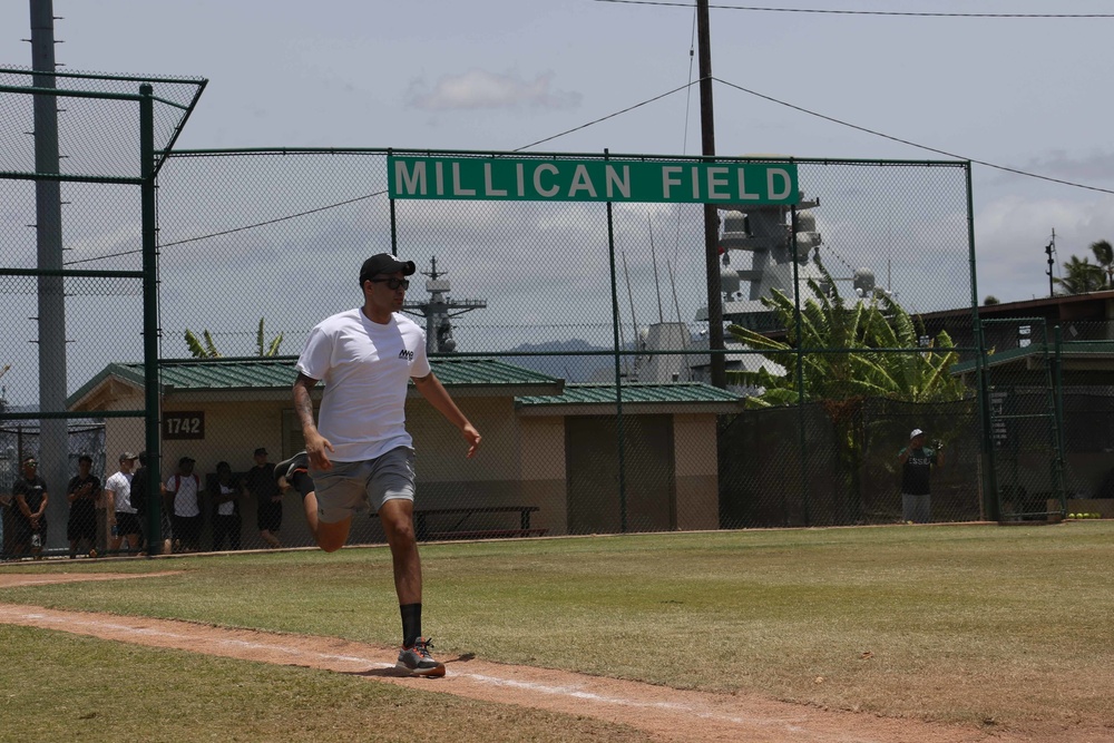 U.S. Navy Sailors from Abraham Lincoln, Essex compete in a softball game during RIMPAC 2022