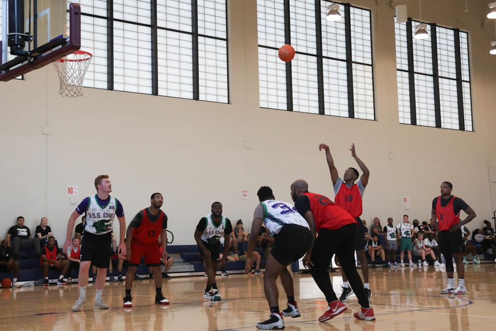 U.S. Navy Sailors from Abraham Lincoln, Essex compete in a basketball match during RIMPAC 2022