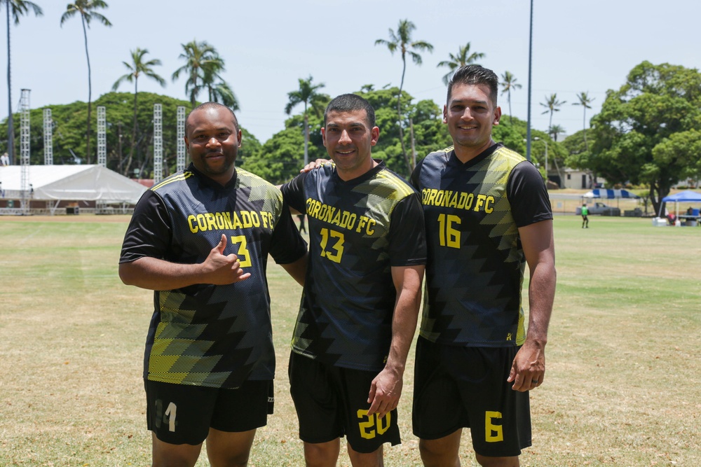 U.S. Navy Sailors from Abraham Lincoln, Fitzgerald compete in a soccer game during RIMPAC 2022