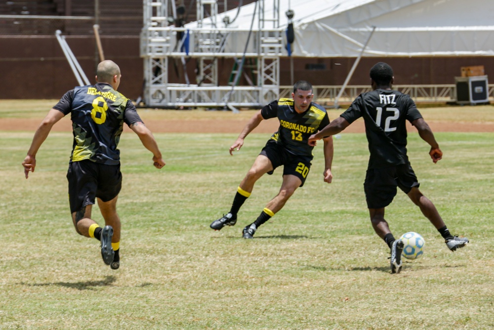 U.S. Navy Sailors from Abraham Lincoln, Fitzgerald compete in a soccer game during RIMPAC 2022