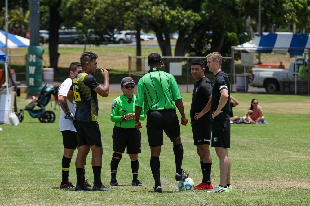 U.S. Navy Sailors from Abraham Lincoln, Fitzgerald compete in a soccer game during RIMPAC 2022