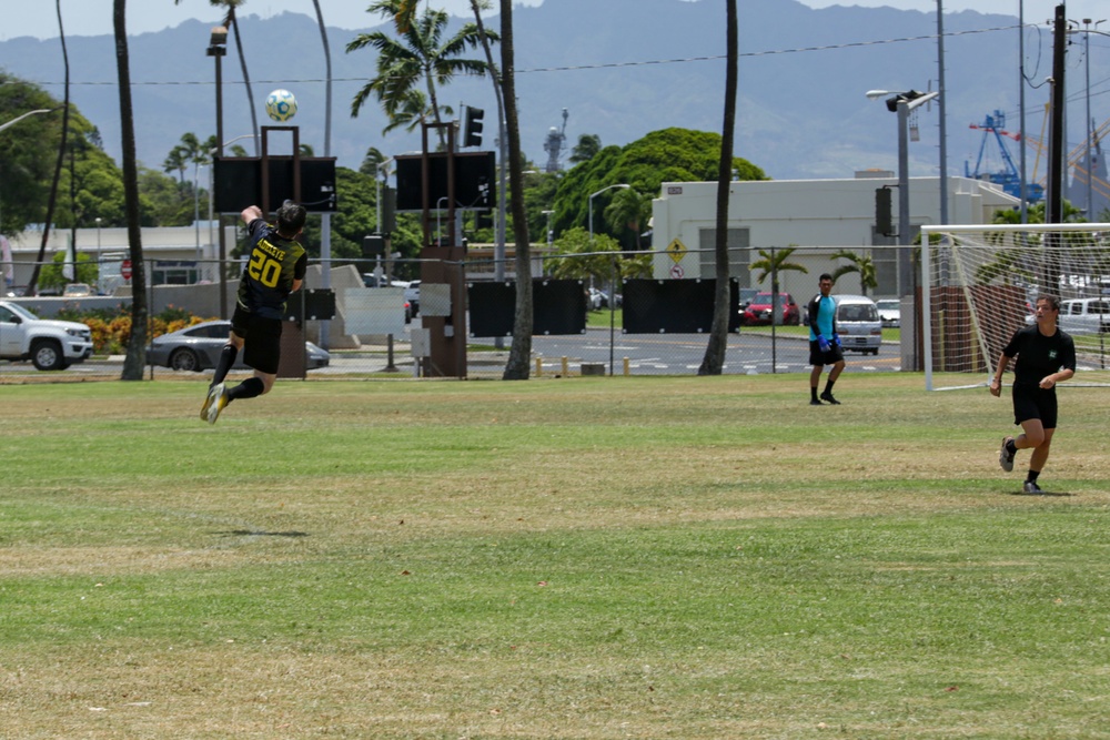 U.S. Navy Sailors from Abraham Lincoln, Fitzgerald compete in a soccer game during RIMPAC 2022