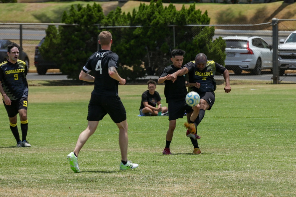 U.S. Navy Sailors from Abraham Lincoln, Fitzgerald compete in a soccer game during RIMPAC 2022