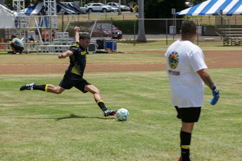 U.S. Navy Sailors from Abraham Lincoln, Fitzgerald compete in a soccer game during RIMPAC 2022