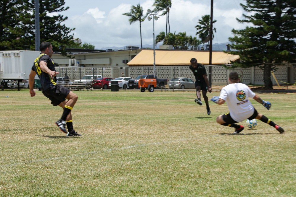 U.S. Navy Sailors from Abraham Lincoln, Fitzgerald compete in a soccer game during RIMPAC 2022