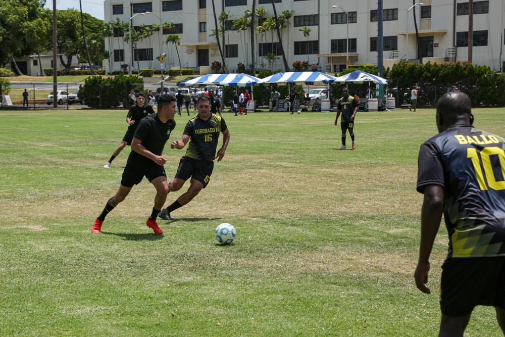 U.S. Navy Sailors from Abraham Lincoln, Fitzgerald compete in a soccer game during RIMPAC 2022