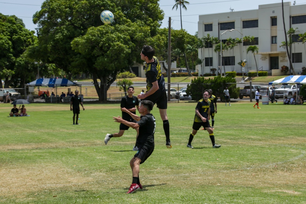 U.S. Navy Sailors from Abraham Lincoln, Fitzgerald compete in a soccer game during RIMPAC 2022