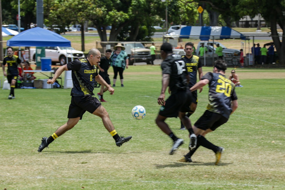 U.S. Sailors face off during soccer game