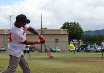 U.S. Navy Sailors from Abraham Lincoln, Royal Canadian Navy Sailors from Vancouver participate in a softball game during RIMPAC 2022