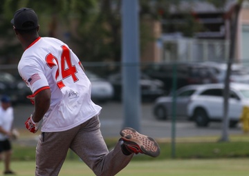 U.S. Navy Sailors from Abraham Lincoln, Royal Canadian Navy Sailors from Vancouver participate in a softball game during RIMPAC 2022