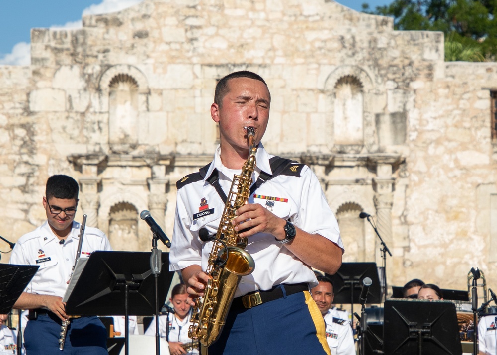 Fort Sam's Own 323d Army Band and the 78th Army Reserve Band perform together at the Alamo