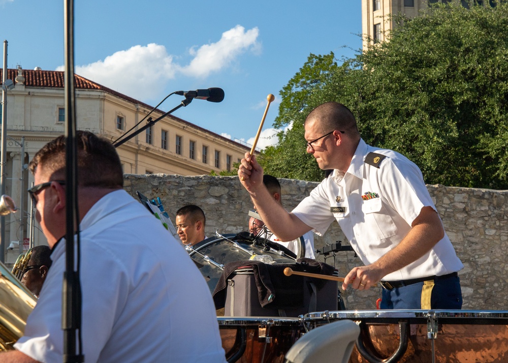 Fort Sam's Own 323d Army Band and the 78th Army Reserve Band perform together at the Alamo