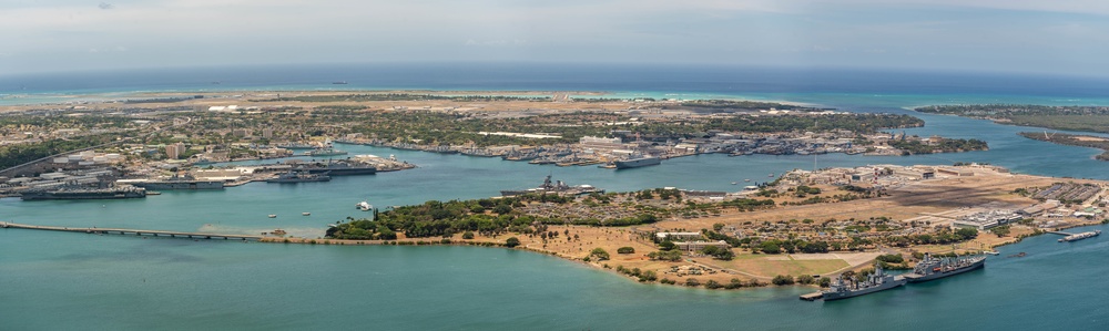Aerial view of ships moored during RIMPAC 2022
