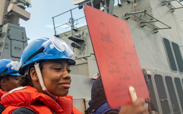 Sailors Aboard USS Dewey (DDG 105) Conduct Replenishment-at-Sea with USNS Tippecanoe (T-AO 199)