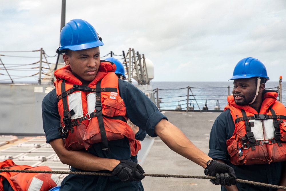 Sailors Aboard USS Dewey (DDG 105) Conduct Replenishment-at-Sea with USNS Cesar Chavez (T-AKE-14)