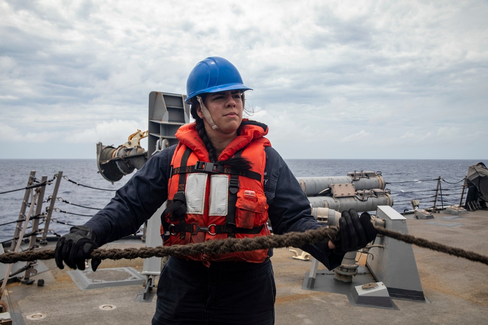 Sailors Aboard USS Dewey (DDG 105) Conduct Replenishment-at-Sea with USNS Cesar Chavez (T-AKE-14)