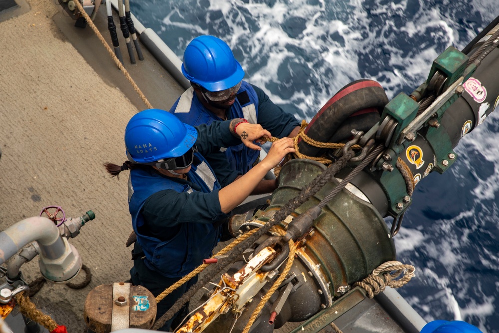 Sailors Aboard USS Dewey (DDG 105) Conduct Replenishment-at-Sea with USNS Cesar Chavez (T-AKE-14)