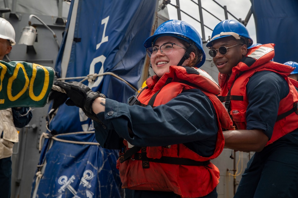 Sailors Aboard USS Dewey (DDG 105) Conduct Replenishment-at-Sea with USNS Cesar Chavez (T-AKE-14)