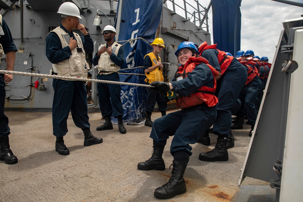 Sailors Aboard USS Dewey (DDG 105) Conduct Replenishment-at-Sea with USNS Cesar Chavez (T-AKE-14)