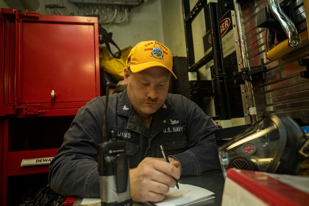 Sailors Conduct Damage Control Drill Aboard USS Dewey (DDG 105)