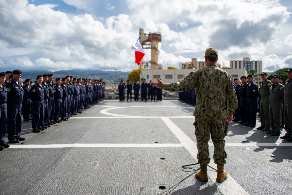 RIMPAC 2022 Commander Addresses the Crew of CNS Almirante Lynch (FF 07)