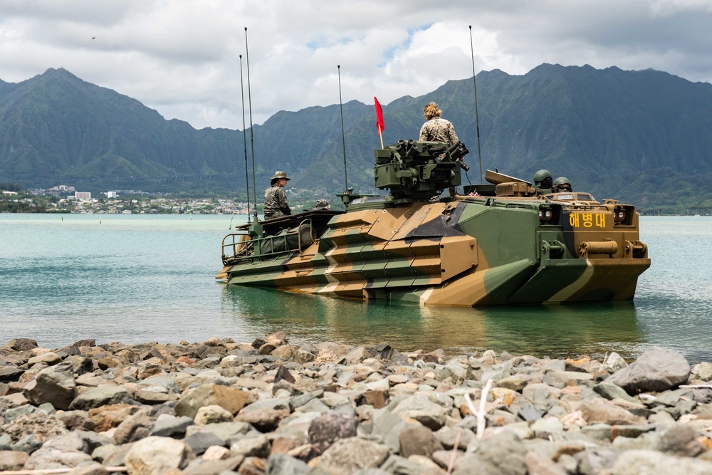 Republic of Korean Marines drive an amphibious assault vehicle into Kailua Bay during RIMPAC 2022