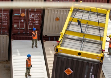 Sailors provide cargo handling and transportation services of ammo ISO containers aboard MV Ocean Glory