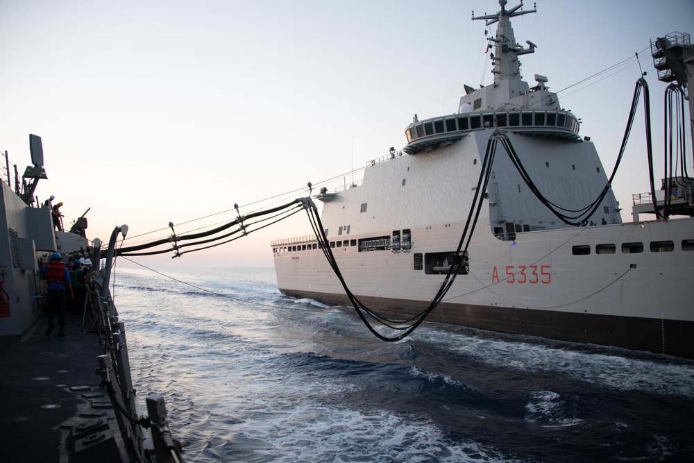 USS Forrest Sherman replenishment-at-sea with ITS Vulcano