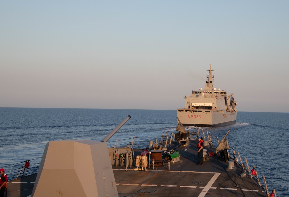 USS Forrest Sherman replenishment-at-sea with ITS Vulcano