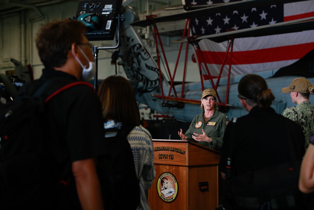 Abraham Lincoln holds a press conference with international news outlets during RIMPAC 2022