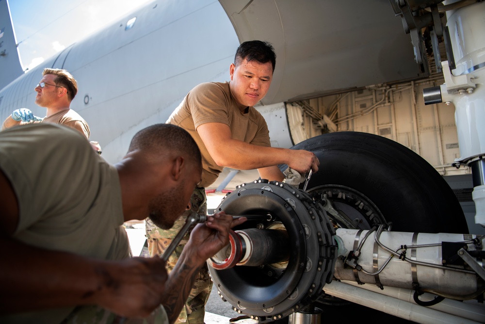 Crew chiefs change KC-135 brakes