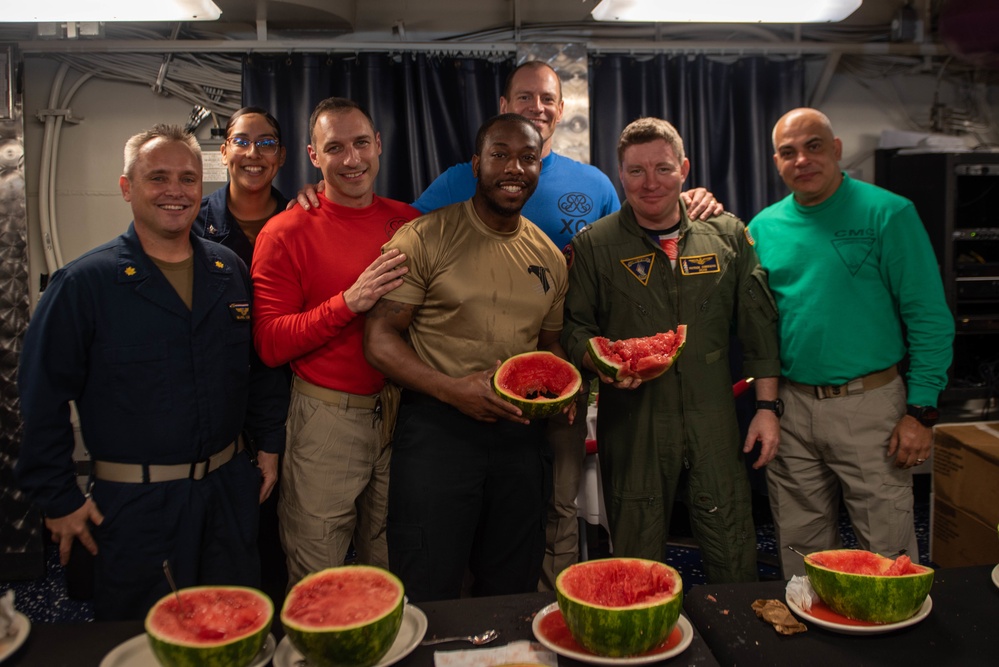 USS Ronald Reagan (CVN-76) Sailors hold a watermelon eating competition