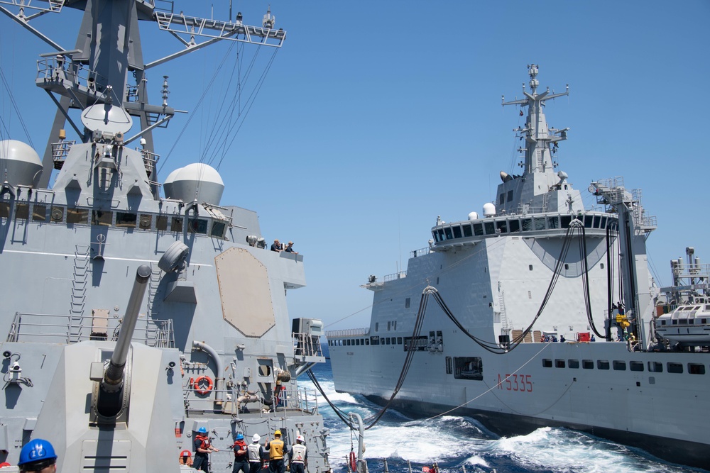 USS Forrest Sherman replenishment-at-sea with ITS Vulcano