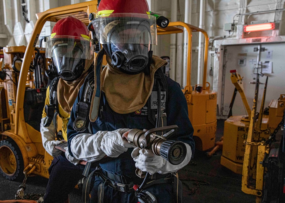 USS Hershel &quot;Woody&quot; Williams (ESB 4) conducts a damage control drill.