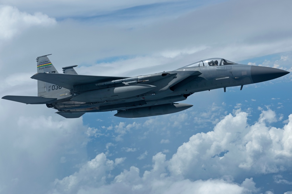 The 914th ARW refuels the 159th FW F-15 Eagles