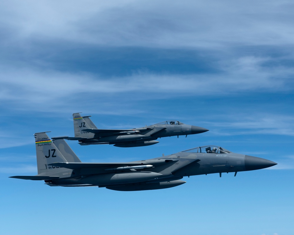 The 914th ARW refuels the 159th FW F-15 Eagles