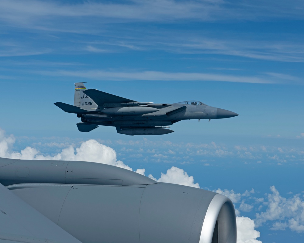 The 914th ARW refuels the 159th FW F-15 Eagles