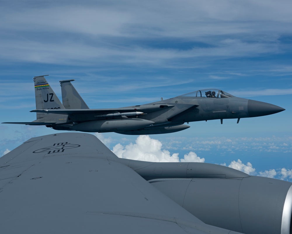 The 914th ARW refuels the 159th FW F-15 Eagles