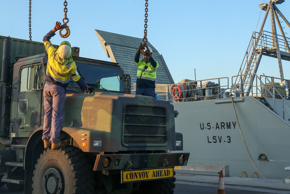 MRF-D 22: U.S. Marines work with U.S. Army and ADF to load LSV-3