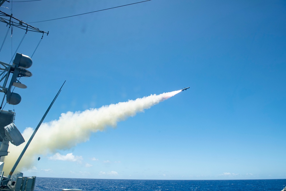 HMCS Winnipeg Fires Harpoon Missiles as part of SINKEX during RIMAPC 2022