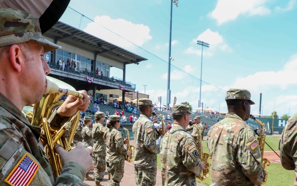 35th Infantry Division Band plays the national anthem at the Kansas City Monarchs baseball game