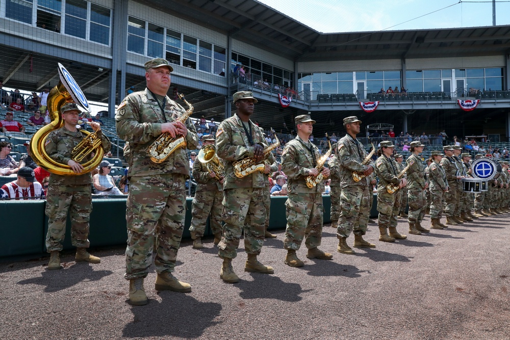 35th Infantry Division Band plays the national anthem at the Kansas City Monarchs baseball game