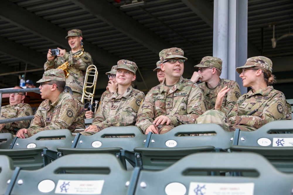 35th Infantry Division Band plays the national anthem at the Kansas City Monarchs baseball game