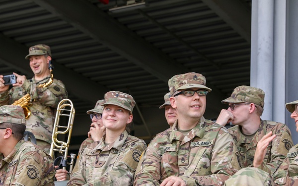 35th Infantry Division Band plays the national anthem at the Kansas City Monarchs baseball game