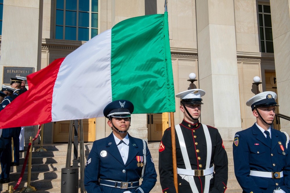 Secretary of Defense Lloyd J. Austin III and Italian Minister of Defense Lorenzo Guerini engage in a bilateral exchange