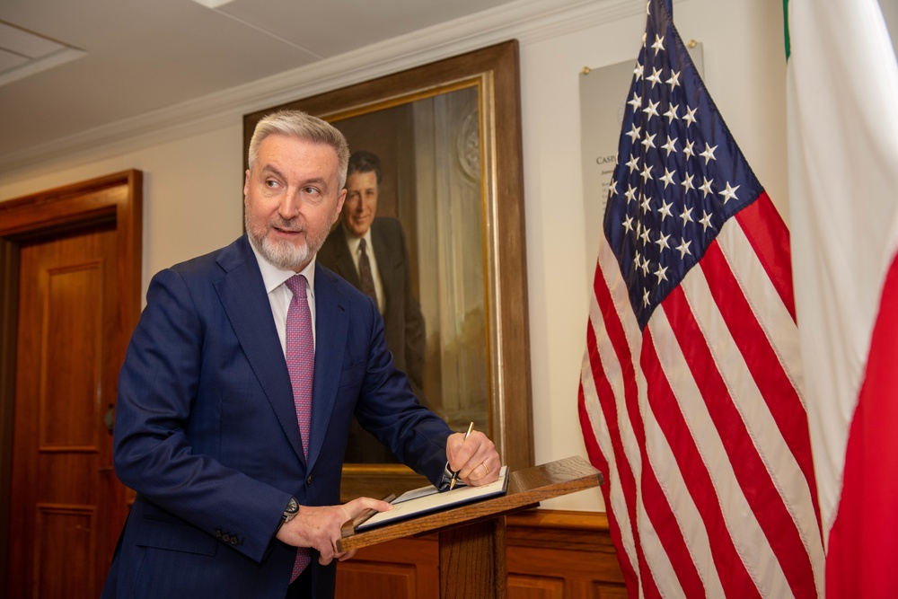 Secretary of Defense Lloyd J. Austin III and Italian Minister of Defense Lorenzo Guerini engage in a bilateral exchange