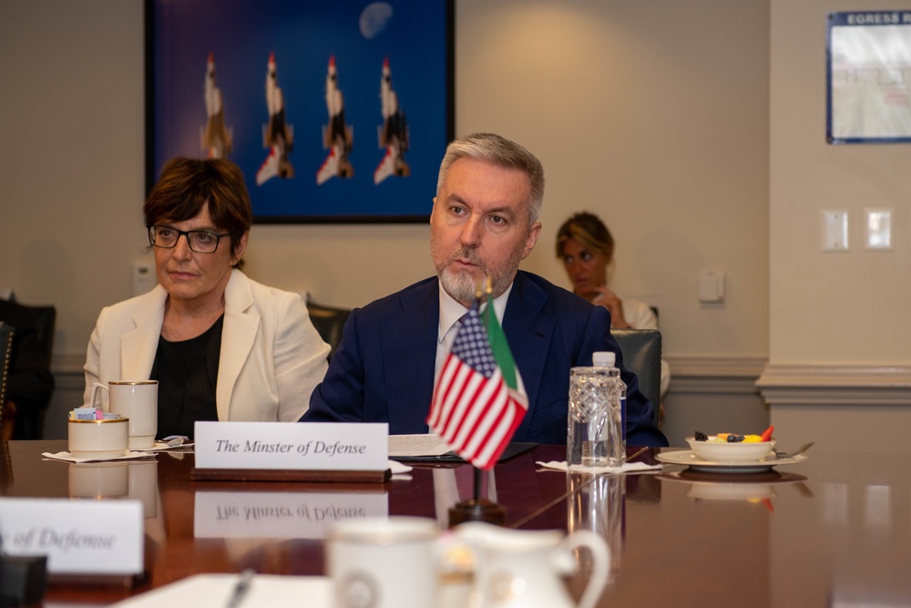 Secretary of Defense Lloyd J. Austin III and Italian Minister of Defense Lorenzo Guerini engage in a bilateral exchange